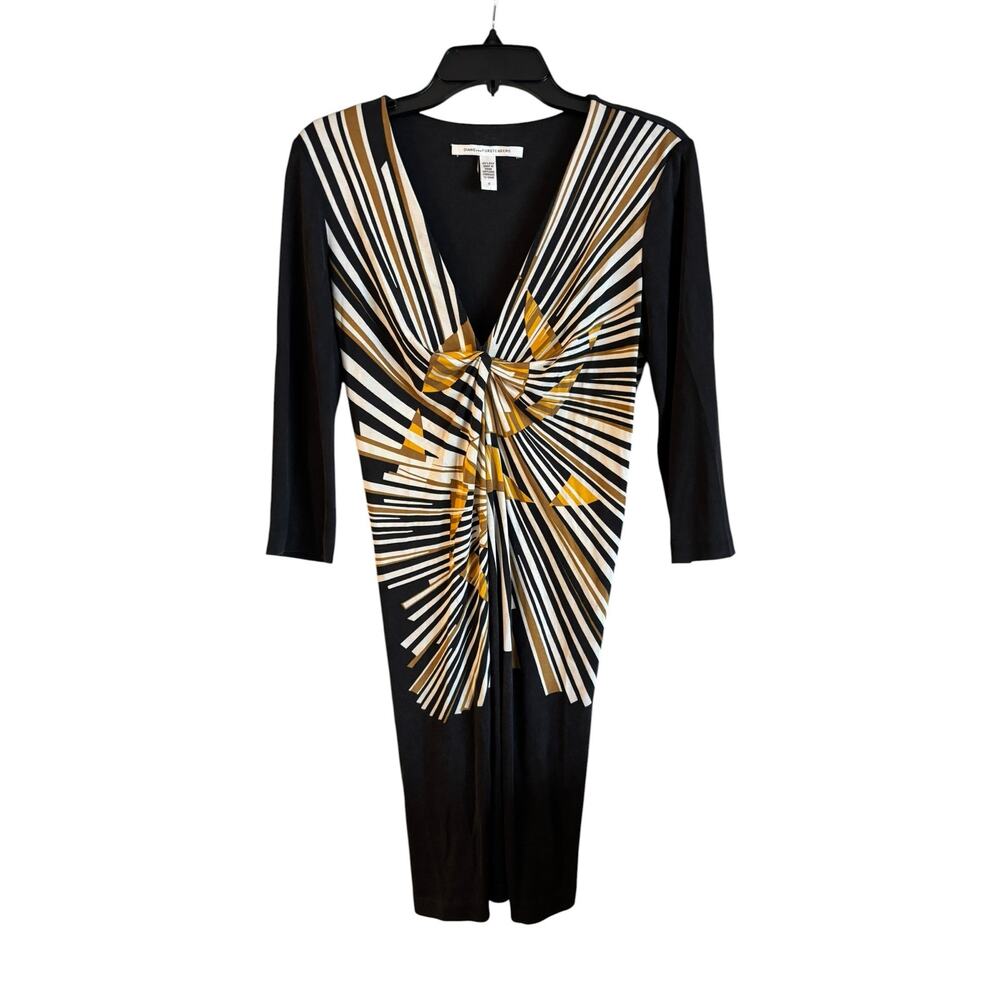 Diane Von Furstenberg 3/4 Sleeve Black Yellow Sunburst Silk Knee Length Dress 10